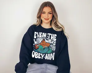 Even The Wind And The Waves Obey Him, Christian Bible Verse Sweater Matthew 8:27, Retro Christian, Vintage Men's Bible Sweatshirt, Minimal Christian Sweater
