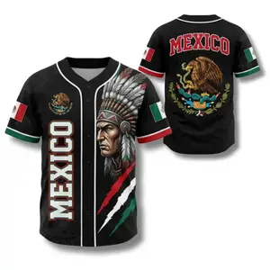 Mexico Baseball Jersey, Aztec Warrior Button Up Shirt, Mexican Flag Eagle Vintage Style Baseball Jersey Gift for Men Women