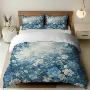 3PCS Duvet Cover Set, 1 Duvet+2 Pillowcases(Without filler), Blue Floral Elegant Nature Serenity Tranquil theme, Spring bedding set, Floral Pattern Suitable for decoration Bedroom, Guest Room, Hotel, Dormitory.