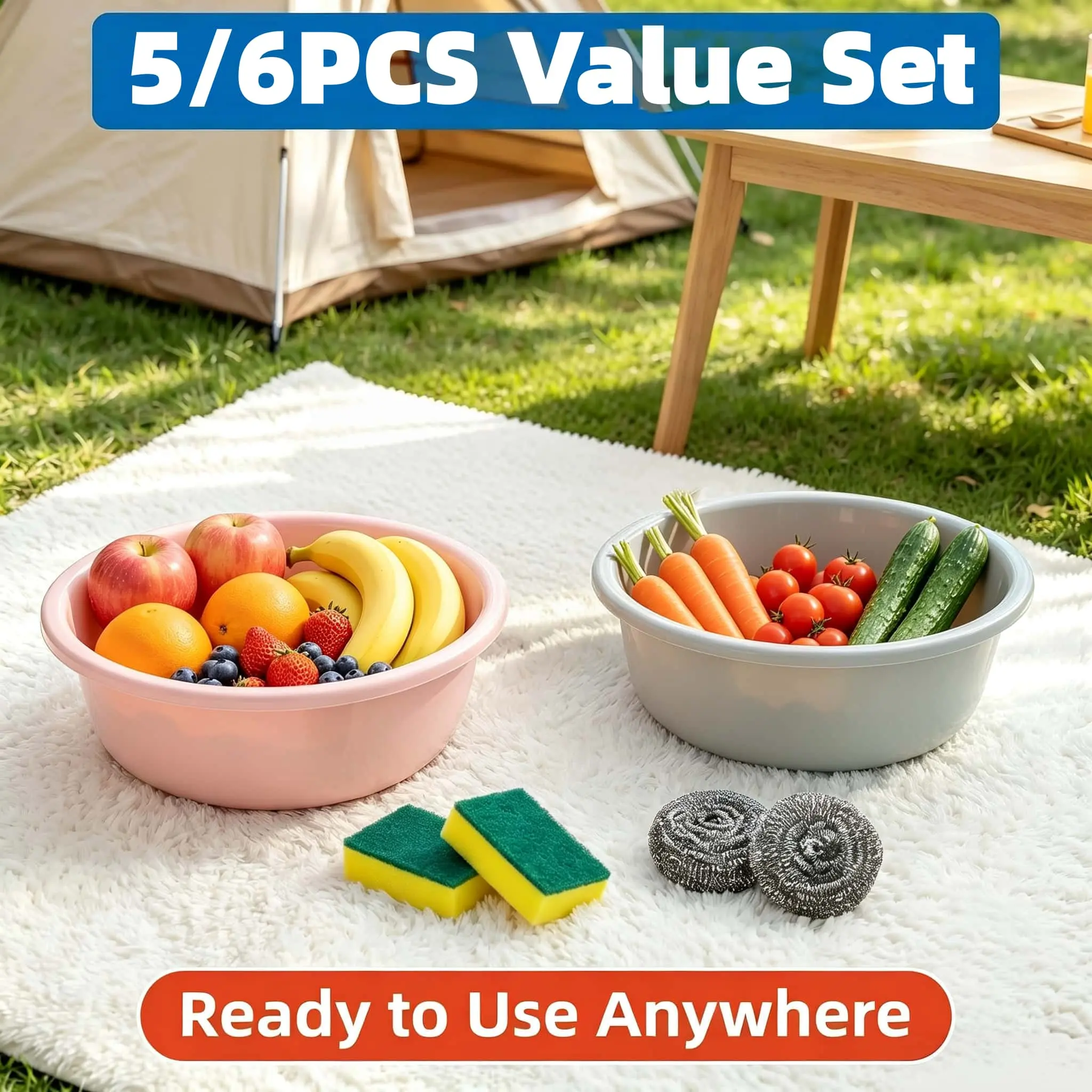 5/6-Piece Plastic Wash Basin Set, Thickened Round Multi-Purpose Tub For Fruits, Dishes, Face Washings, Kitchen SinkTasks, Bathroom, Camping And Home Use