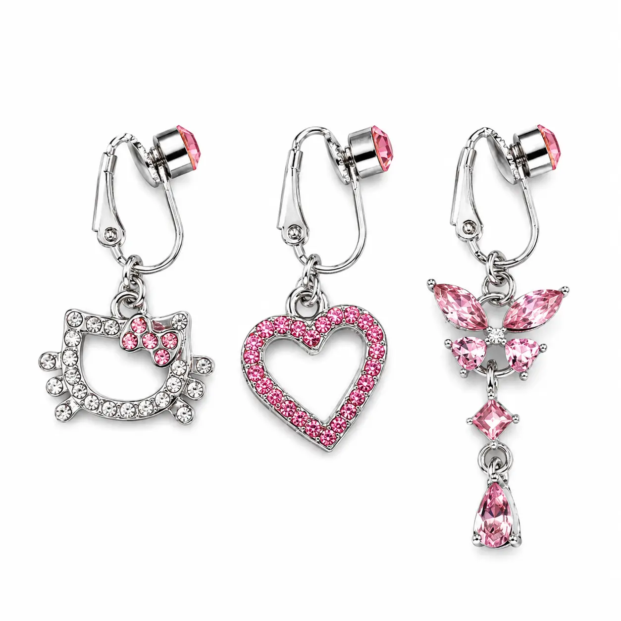EWOPT 3Pcs Non Piercing Belly Rings for Women, Clip On Fake Belly Button Ring Set, Rhinestone Cat Heart Butterfly Navel Jewelry, Cute Y2K Body Jewelry,pink