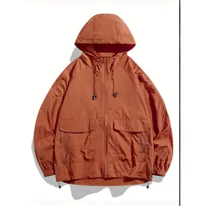 MEN'S lightweight breathable orange hooded jacket-UV protection, quick-dry, casual long sleeve windbreaker for running, fishing, Fitness & outdoor activities, outdoor jacket | casual style | zipper closure, fishing hat