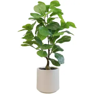 25" Fiddle Leaf Fig Artificial Plant with Realistic Plastic Leaves in Modern White Cement Pot for Living Room Office Low Maintenance Home Decor Gift