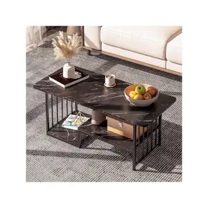 High Quality  White Faux Marble 2 Tiers Large Rectangular Side End Table With Storage Shelf Coffee Dinning Living Room Apartment Small Stand Modern Design Furniture Wooden For Couch Room Organizer Storage