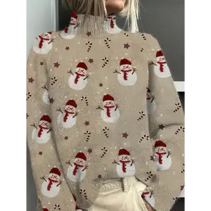 aviva christmas clothes   Snowman, Red And White 3D Printed Christmas Turtleneck Pullover Sweater detachable hood fall  jacket  season Women's Knit Roll Neck faux leather Chunky Knit Cardigan Long Sleeve Faux Leather Jacket Oversized Zip versatile