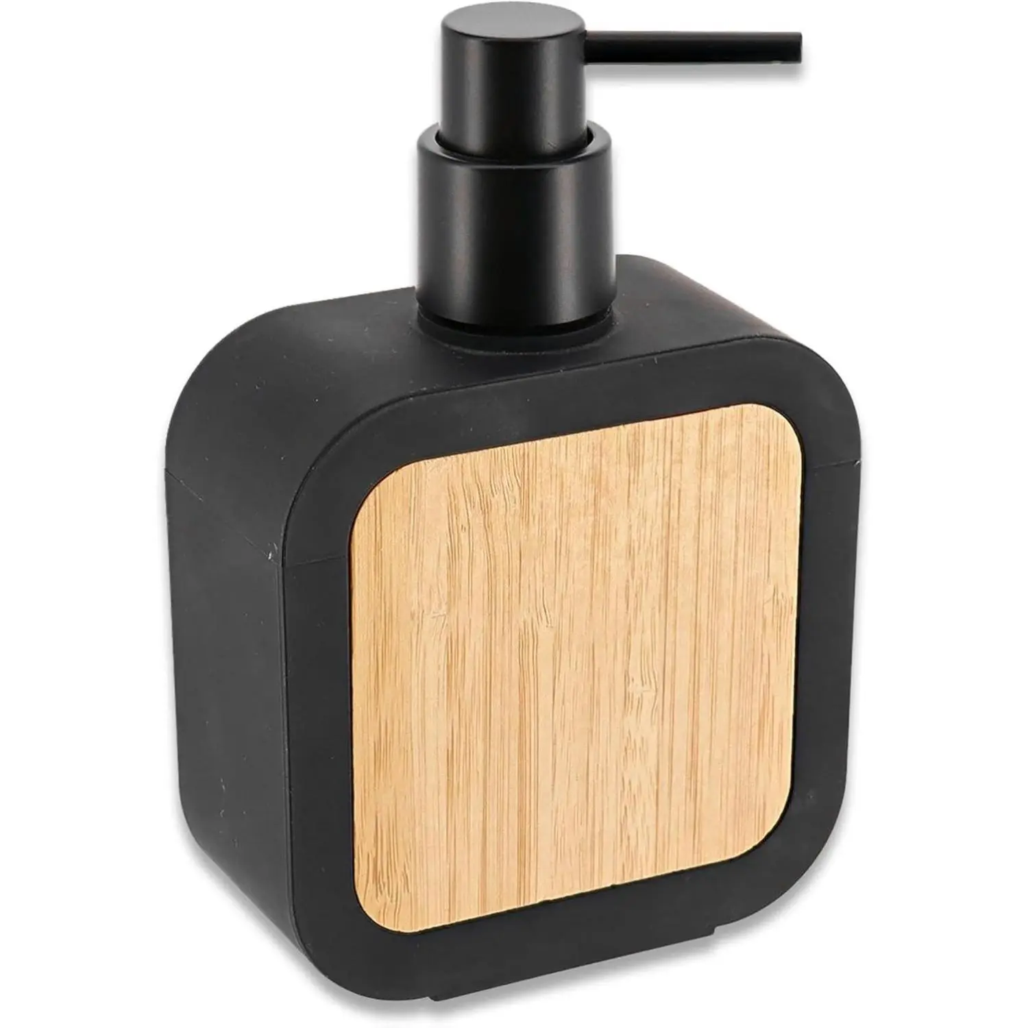 Contemporary Soap Dispenser Black Rubber and Bamboo 350 Ml Modern Natural Refillable Design Compact Size Water Resistant Easy to Clean Non Slip Base