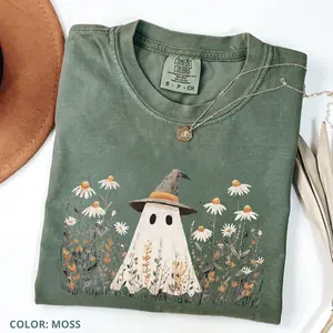 Comfort Colors Cute Ghost in Wildflowers TShirt, Spooky Fall Aesthetic Halloween Floral Tee, Cozy Ghostcore Gift Short Sleeve Shirts
