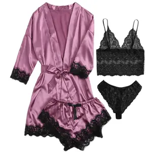 4pcs Women's Ice Lace Pajamas Set Three Quarter Sleeved Long Robe V Neck Short Camisole Vest Underwear Shorts Sheer Random Print Hollow Details