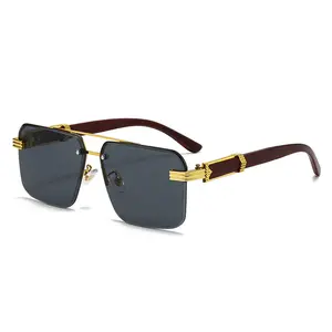 Semi-rimless square sunglasses with diamond-cut edges, marble and wood grain temples, suitable for outdoor cycling and driving