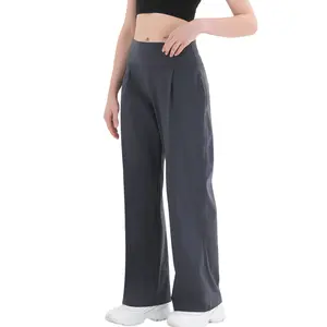 Women's High Waist Wide Leg Yoga Pants Casual Stretchy Trousers with Pockets Soft Elastic Workout Pants for Daily Sports Minimalist Solid Color Design - Womenswear