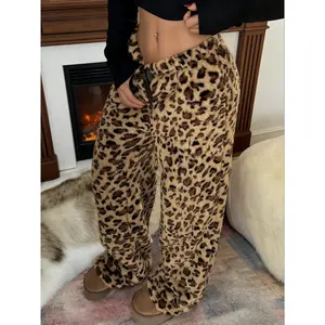 Women's leopard print fleece straight-leg pants with bow, warm and cozy fit, suitable for outdoor, everyday, and casual wear. #Warm Winter Outfit