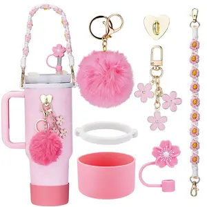 Compatible with  Cup Accessories, 7 count Tumbler Accessories for  Cup 30/40 oz, Including Water Bottle Handle Strap, Cup Boot, Straw Cover, Plush Ball and Key Charm, Pink