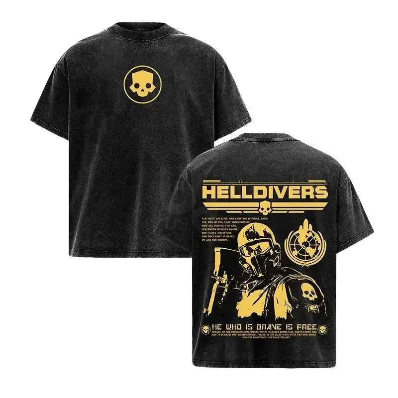Men's Helldivers 2 Round Neck Short-Sleeve T-Shirt - Vintage Washed, Double Printed, Oversize Unisex Casual Fit Statement Streetwear, Galaxy's Last Line of Offence Game Merch Gift for Fans, Shortsleeve, Top
