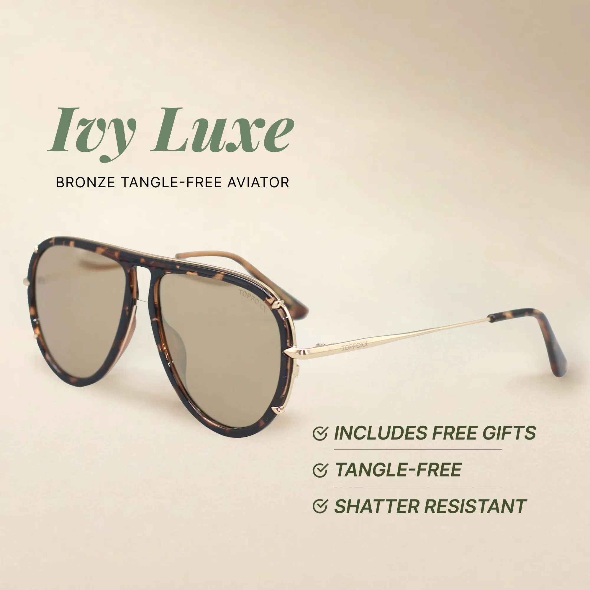 Ivy Luxe - Bronze - Tangle Free Aviator Sunglasses - Certified Shatter-Resistant Lenses - UV400 - For Women & Men
