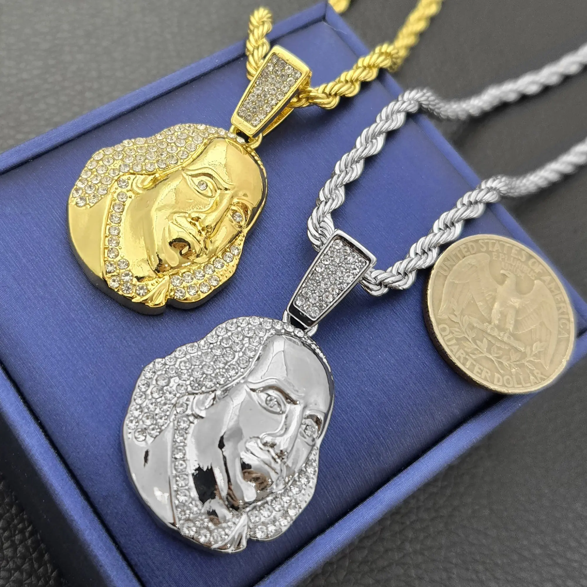 MaxBling81 Gold Plated Benjamin Franklin Portrait Iced Pendant with 4mm Rope Chain Link Necklace, Cubic Zirconia Hip Hop Jewelry, Unisex 18"-20"-24" Lengths Daily Wear Costume Necklace, Cubic Zirconia Necklaces