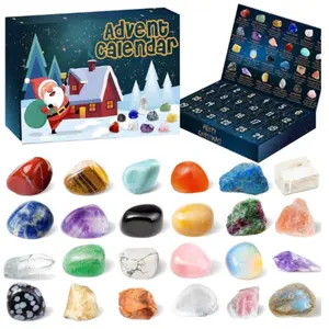New Christmas 24-Day Countdown Crystal Calendar with Geology Collection Box Set - 24 Natural Mineral Specimens, Holiday Gift Display for Collectors, 24 Unique Stones in Various Sizes And Shapes, Irregular Shape, And Selected Crystals