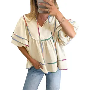 Imily Bela Womens Summer Babydoll Tops V Neck Short Lantern Sleeve Shirts Cute Loose Fit Peplum Flowy Blouses