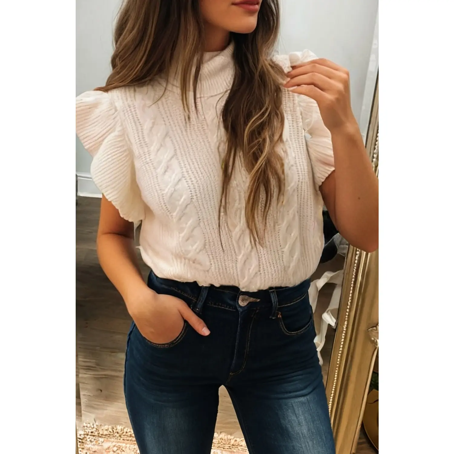 Knit Ribbed Turtleneck Ruffled Mock Neck Sweater