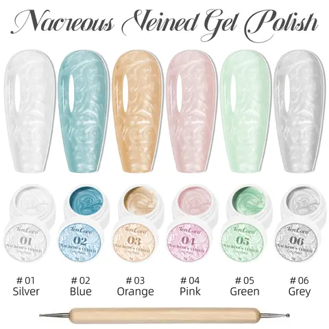 Tencoco Pearl Cosmetic Manicure Set - 6 Iridescent Mermaid Swirl Shell Thread Effect Nail Polish, Soak-Off UV Formula, Base Top Coat, Brush, Builder Extension Gel, Color Sculpting Gel, Valentine’s Gift for Women (Nails Inspo)