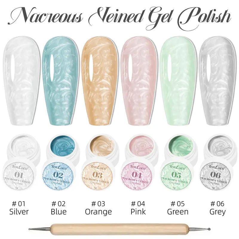 Tencoco Pearl Cosmetic Manicure Set - 6 Iridescent Mermaid Swirl Shell Thread Effect Nail Polish, Soak-Off UV Formula, Base Top Coat, Brush, Builder Extension Gel, Color Sculpting Gel, Valentine’s Gift for Women (Nails Inspo)