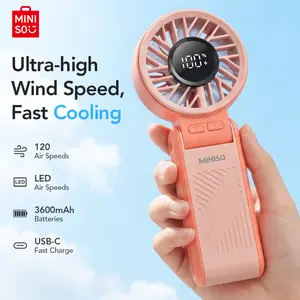 Miniso Foldable Portable Handheld Lanyard Device - 120 Speed Settings, 3600mAh Rechargeable Battery, LED Display, Neck-Hangable, USB-Powered Personal Fan for Outdoor Travel & Office Use Protection Adjustable cooling