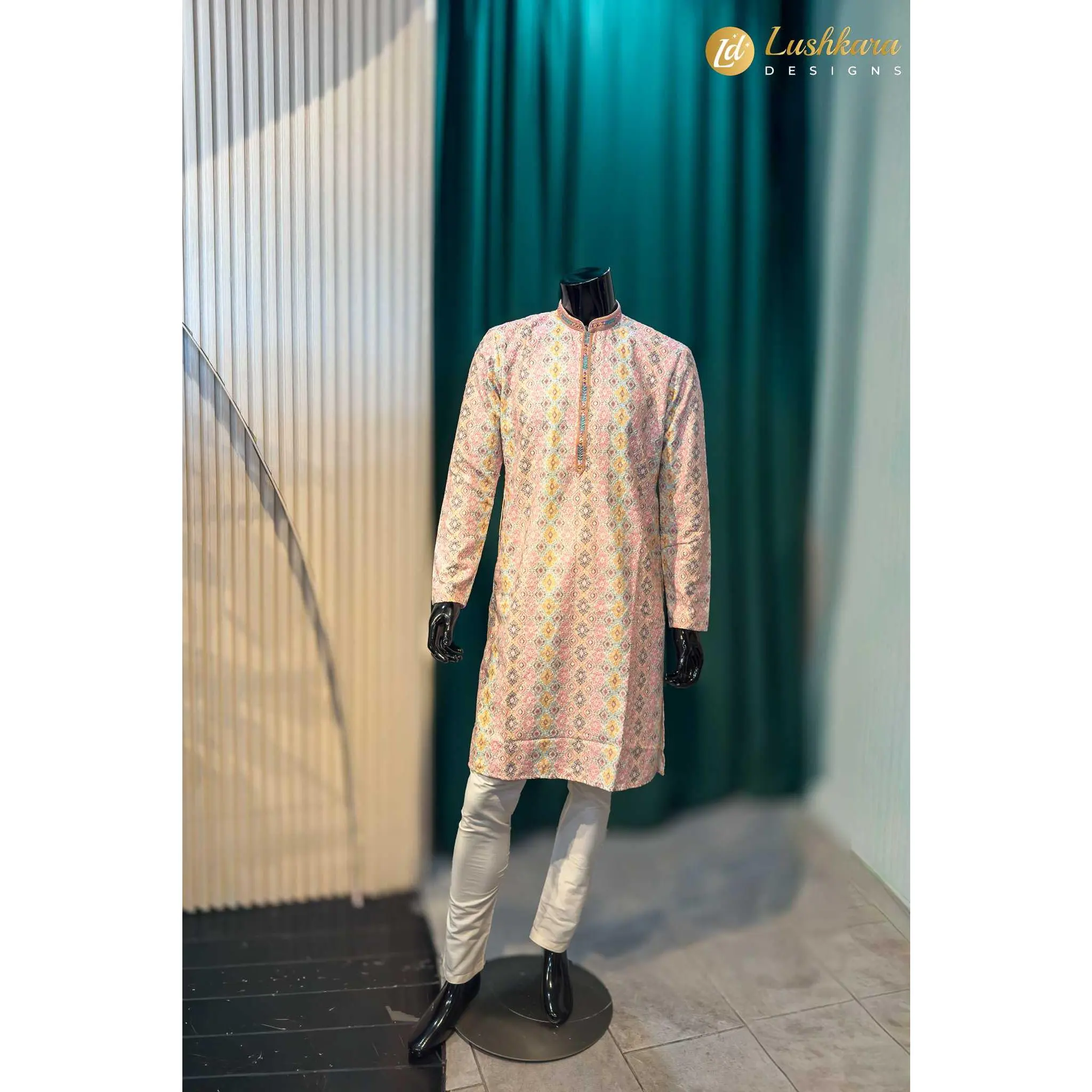 Lushkara Pastel Printed Mens Kurta Set with White Pajama