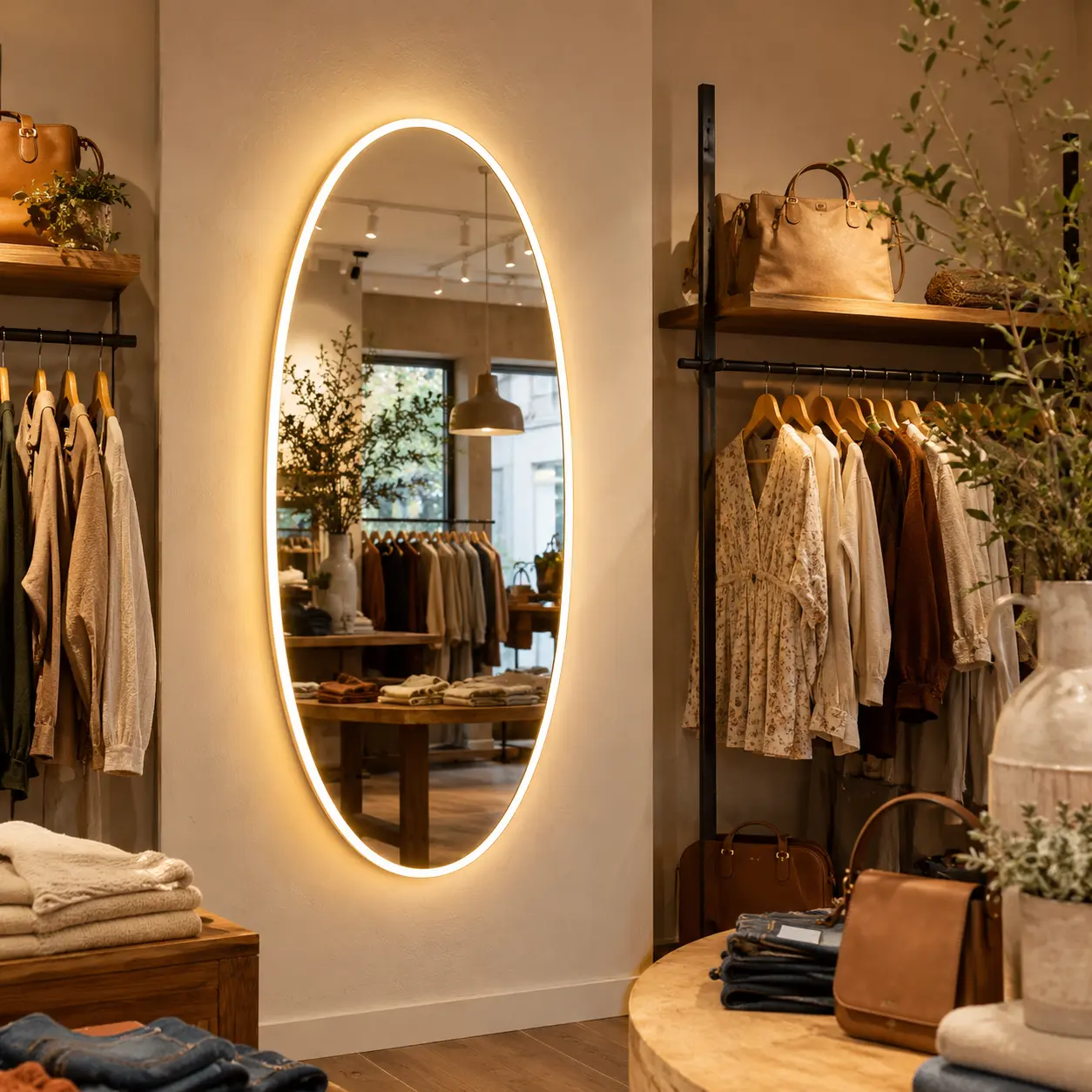 65" x 25" Irregular Oval LED Full Length Mirror, Unique Shape Wall Mounted Full Body Mirror with 3 Color Lighting and Touch Dimming, Modern Lighted Dressing Mirror for Bedroom, Closet and Home Decor