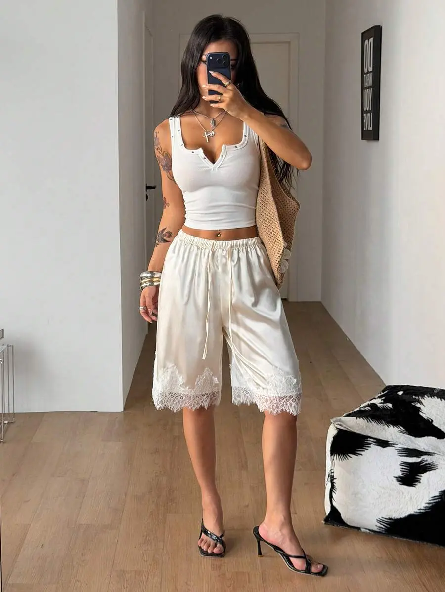 Y2KSTYLE Women's Elegant White Satin Lace Trim Shorts, Summer Vacation, Elastic Waist Loose Ruffled Bloomers For Brunch, Casual Cream Spring Summer Looks