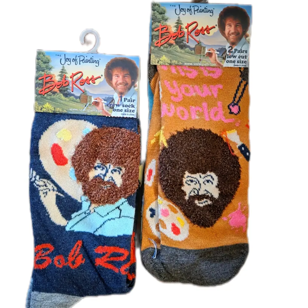 Bob Ross Funny Socks Joy of Painting - 2 Pairs Low Cut  Men Size 8-12,  Women Size 9-12 - "His is Your World" & "Bob Ross" Designs Casual Menswear