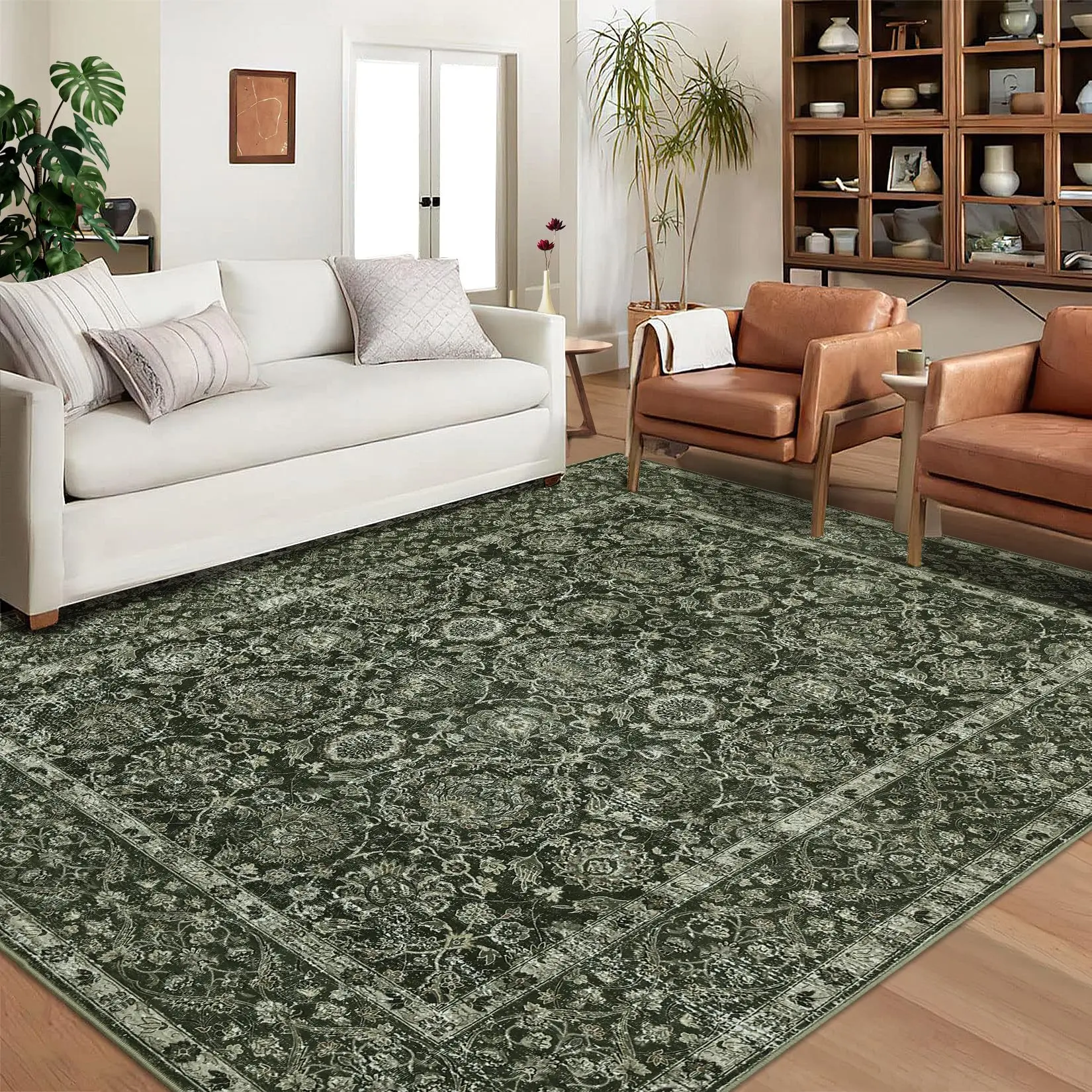 GARVEE Washable Living Room Rug 5x7 Dark Green Vintage Room Rugs for Bedroom Boho Non-Slip Soft Low-Pile Rug Indoor Thin Floral Print Throw Carpet for Farmhouse Bedside Dining Room Home Office