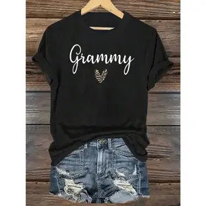 Graphic-Shirt Cotton Tees Size Plus"Grammy" Printed T-Shirt With Leopard Print Heart Pattern - Comfortable Casual Breathable Women's Top T-Shirt ,Y2K,Oversized Shirt Men,Summer Tops