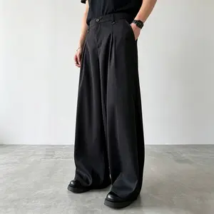 Men’s black loose minimalist wide-leg dress pants — pleated, drapey long trousers that create a clean fit look; essential for both street and commuting styles, suitable for both formal and casual wear!