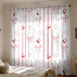 2Panels Bow AND Cherry Print Window Curtains 104 Inches Long for Living Room Semi Sheers With Grommet for Living Room ,Dining Rooms,Window Drape for Bedroom Home Decoration Curtain