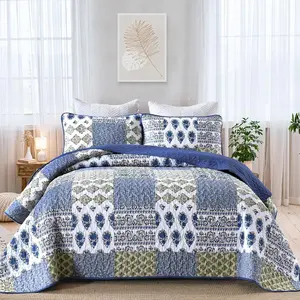 Blue Quilt Set King Size 3 Pieces Boho Plaid Aqua Blue Floral Bedspread Set Microfiber Lightweight Bohemian Bedding Set for All Season (1 Quilt + 2 Pillow Shams) 90"x104"