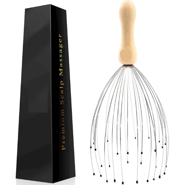 32 Finger Head Massager Scalp Scratcher with Wooden Handle Manual Head Massage Tool for Stress Relief Relaxing Scalp Massager for Head Neck & Body Portable Hair Scalp Stimulator 1 Pack