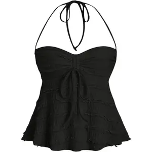 Women's Babydoll Cami Tops Halter Neck Lace Trim Sleevless Flowy Tube Cute Summer Peplum Going Out Tops