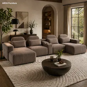 ARCH Modern Coffee Velvet L-Shaped Sectional Sofa - 4-Piece Living Room Set with Chaise Lounge & Cup Holders - 143.7"/365cm Extra Large Modular Sofa for Home Theater, Family Room, Luxury Living Spaces, Corduroy Couch, Sofas Living Room