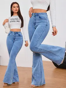Tall High-Waisted Vintage Style Women Jeans, Slim-Fitting Stretch Elastic Flare Denim Jeans, Solid Pattern, Street Fashion for All Seasons