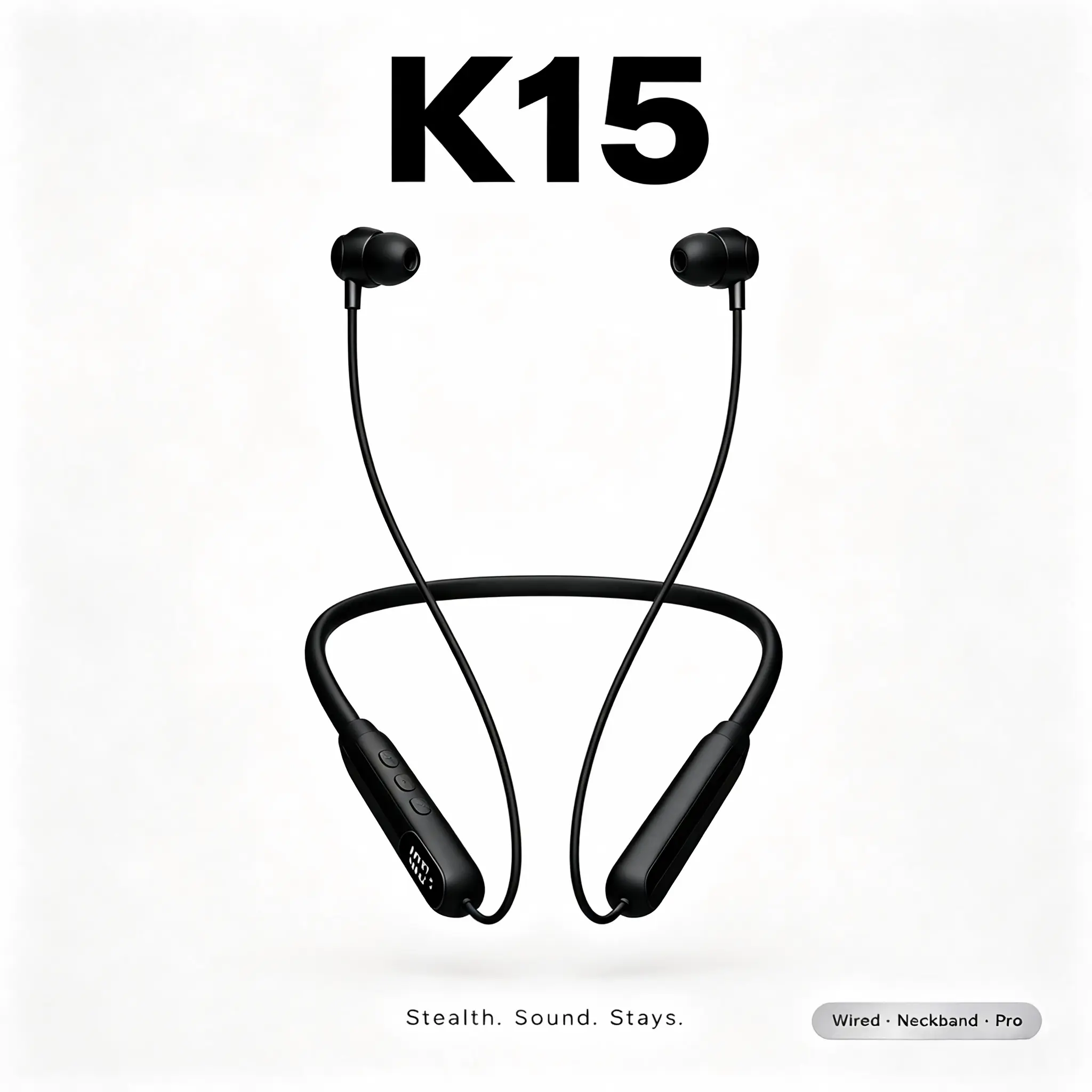 K15 Neckband Earphones Wired, Premium Black Sports Headphones with Microphone, Hanging Neck Wired Earbuds for Running Gym Workout Office Commute, No Charging Required, Universal 3.5mm Type-C Plug