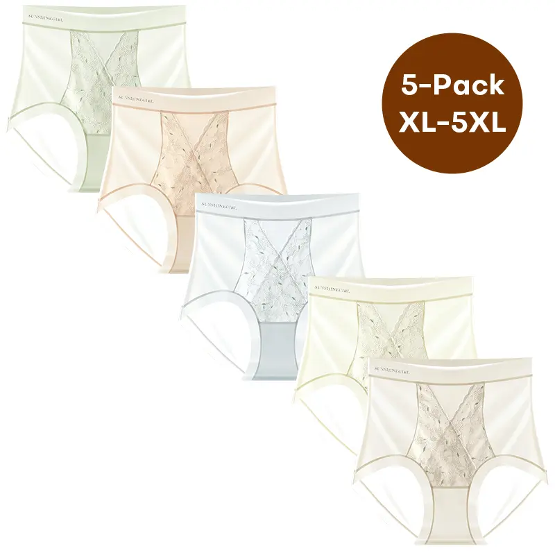 XL-5XL,5 Pack Plus Size High Waist Lace Underwear for Women, Ultra Soft Stretchy Breathable Briefs Anti-Roll Non-Binding Ladies Panties
