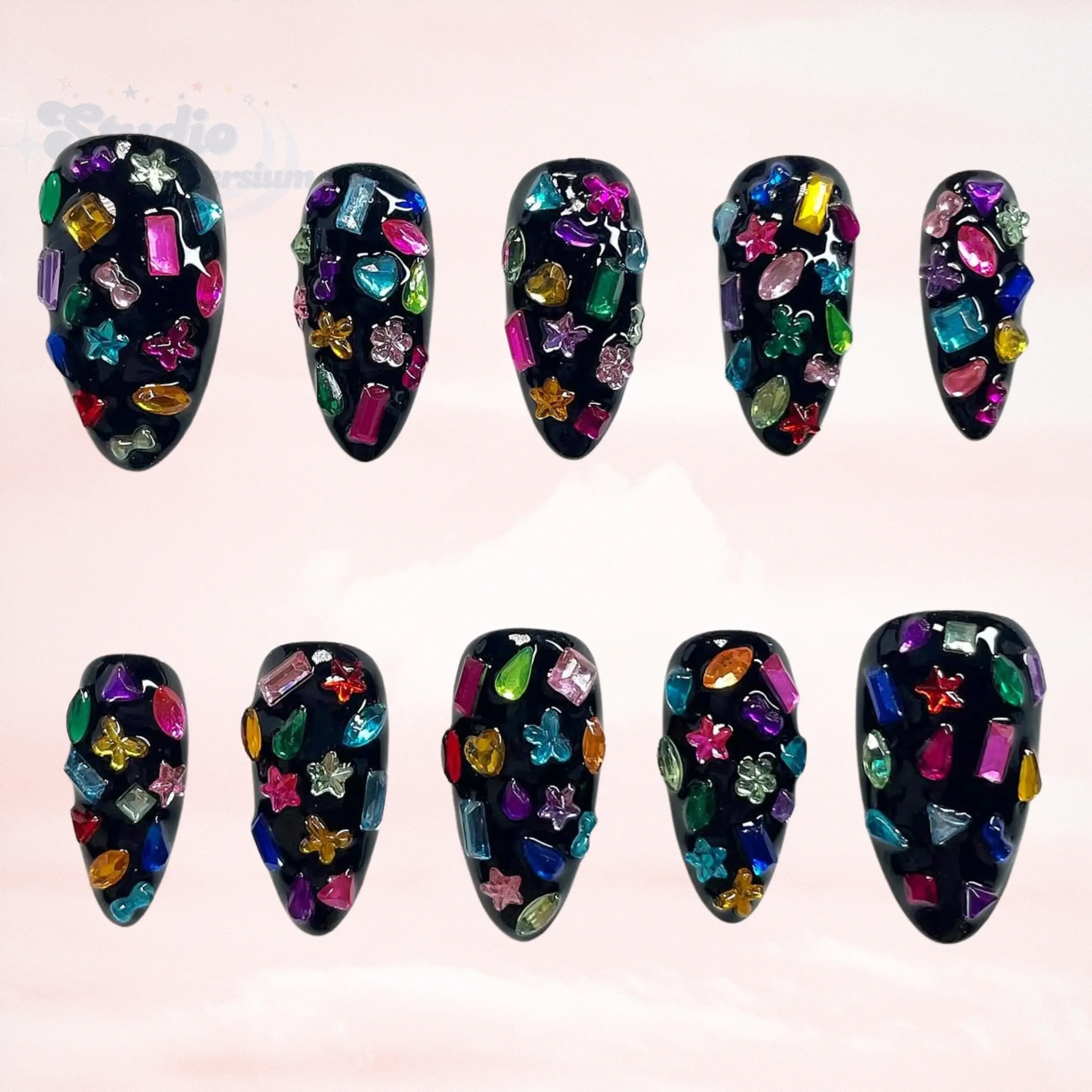 Colorful Rhinestone Press On Nails, Maximalist Gem Nails, Y2K Bling Nails, Black Crystal Nails, Handmade Statement Nail Set, Luxury Glam Nails