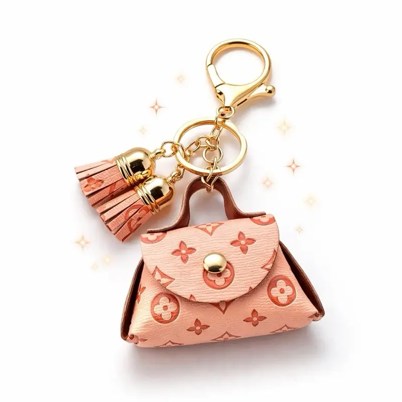 Mini Tassel Gold Keychain with Pink Floral Design and Tassel Detail