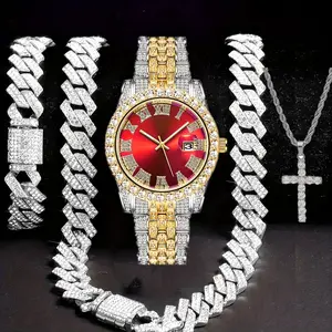 Glamorous 4pcs Men's Jewelry Set: Hip Hop Style Rhinestone Wristwatch & Cross Necklace & Chain Necklace & Link Bracelet, Fashion Analog Luxury Watches for Men Party, Daily Decor, Trendy All-match & Exquisite Watch Set for Gift Cuban Chain