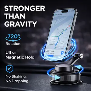 Magnetic Vacuum Car Phone Mount, 720° Rotation Suction Cup Dashboard Holder, Ultra Strong Neodymium Magnet, Aluminum Alloy Adjustable Stand, No Shaking, Universal Fit for iPhone & Android