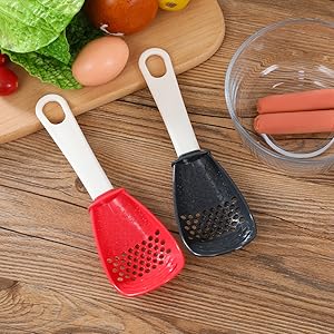 2PCS Multifunctional Kitchen Cooking Spoon, Skimmer Scoop Food Strainers for Cooking, Mashing, Draining, Grating, Non-stick Small Spatula Spoon Kitchen Tools (Black and Red)