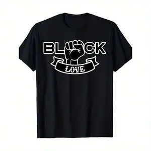 180gMost Popular 1pc Men'S Casual Crew Neck T-Shirt, 100% Pure Cotton, Black Love Fist Print, Geometric Pattern, Medium Stretch, All-Season, Digital Heat Transfer, 180gsm Knit Fabric - Weekend Casual Wear