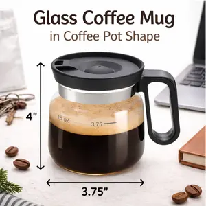 Perfect Life Ideas Glass Coffee Mug in Coffee Pot Shape with Lid – 16oz Reusable Clear Glass Coffee Cup, Spill-Proof Carafe Style Mug with Handle, Cute Novelty Gift for Coffee Lovers, Office & Home Hot Beverage Drinkware