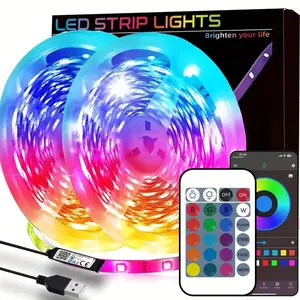 RGB LED Strip Lights, 5050 RGB Smart Remote Control with 24 Keys and APP, Wireless Music Sync Color Changing for Home Bedroom Kitchen Party Decoration, Neon Accent Lights, Adjustable Rgb Lighting, Led Lights Strips