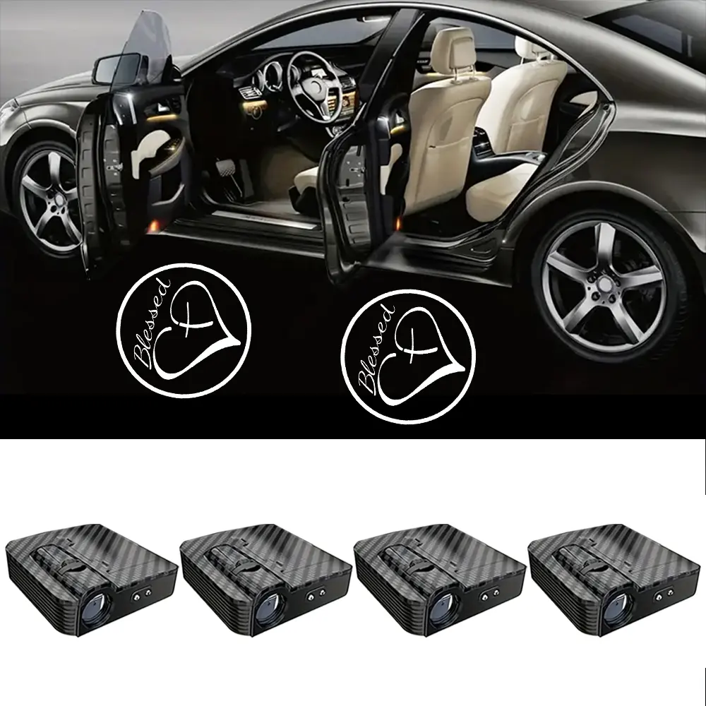 4-Pack Door Projector Logo Lights, Compatible with Christian Blessing Cross & Heart Patterns, Universal Wireless Courtesy LED Welcome Shadow Lights Available in Red Underwear, Bat, Skull & Ghost Designs, Fits All Vehicle Models