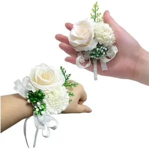 Rose White Flower Corsage and Boutonniere Set 2,Handmade Silk Flower Corsage Wristlet Wedding Accessories for Brides,Bridal Shower Gifts for bride Prom Party Homecoming Bridesmaid Wedding Ornament